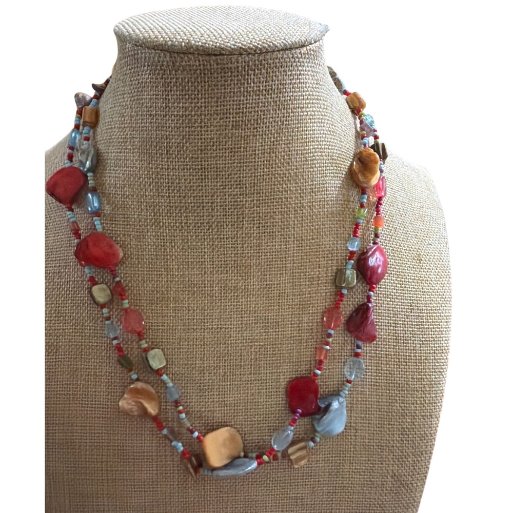 Boho Multi Strand Shell Beaded Necklace Red Turquoise Earthy Southwestern